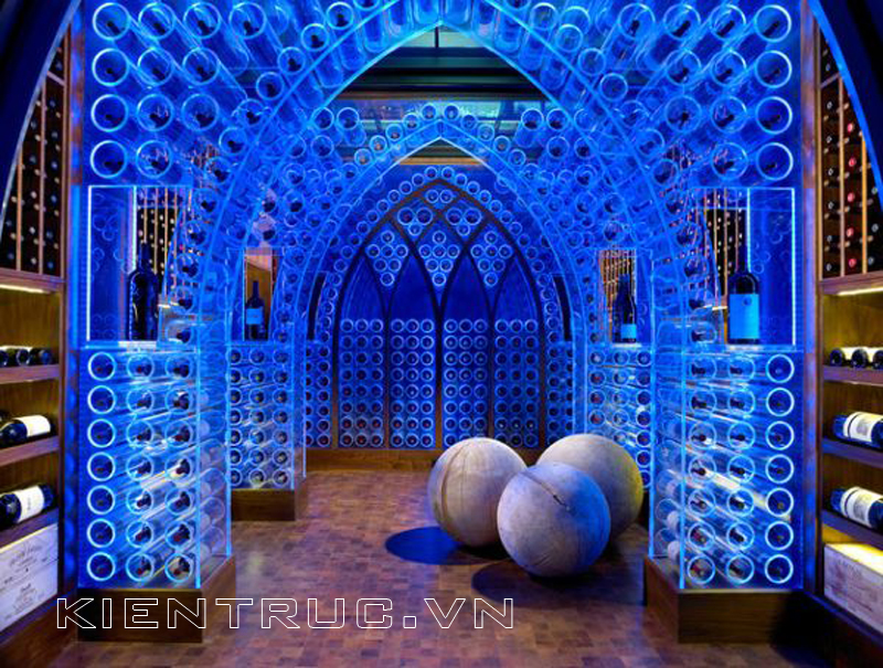 Hầm rượu hiện đại tuyệt đẹp với vật liệu mica kết hợp sắc xanh của đèn LED