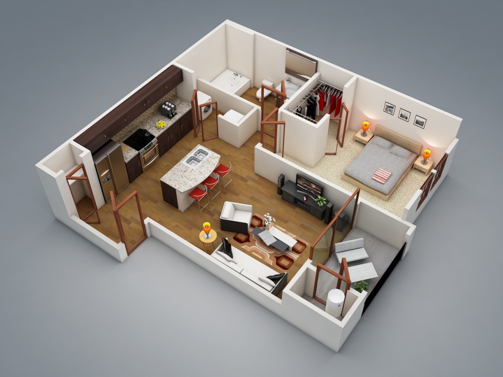 2 1024x768 Thiết kế căn hộ chung cư 1 phòng ngủ cho người thích sống một mình