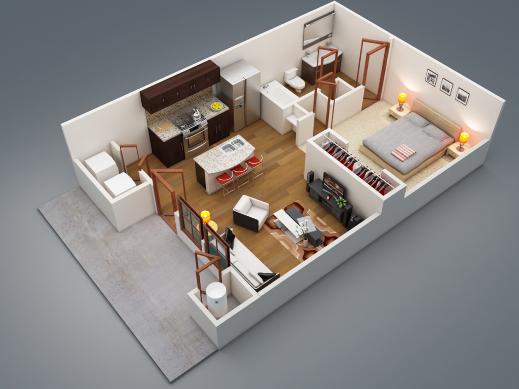 5 1024x768 Thiết kế căn hộ chung cư 1 phòng ngủ cho người thích sống một mình
