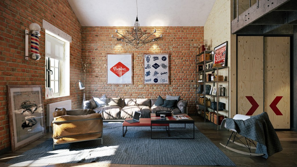 Wedo thiết kế nội thất đẹp với gạch trần cho phòng khách căn hộ áp mái