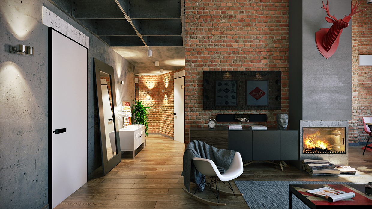 Wedo thiết kế nội thất đẹp với gạch trần cho phòng khách căn hộ áp mái