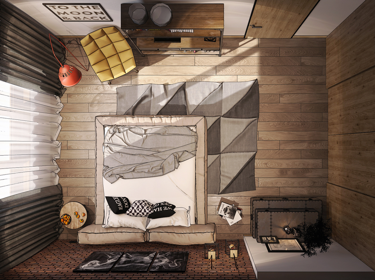 Wedo thiết kế nội thất phòng ngủ sáng tạo với tường gạch trần và gỗ mộc mạc