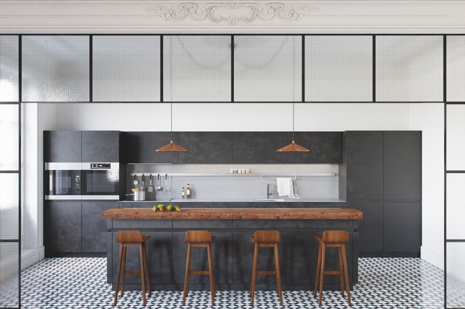 Wedo thiết kế nội thất nhà bếp đẹp với 2 màu đen trắng