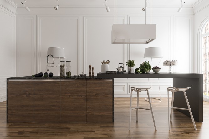 Wedo thiết kế nội thất nhà bếp đẹp với 2 màu đen trắng và gỗ tự nhiên