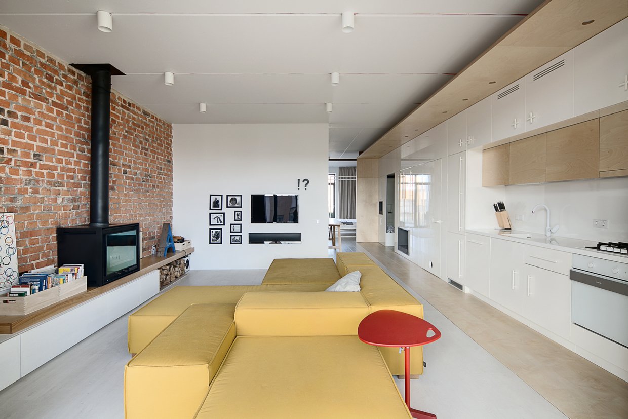 Wedo thiết kế nội thất với gạch trần đơn giản, hiện đại, hoàn hảo cho phòng khách