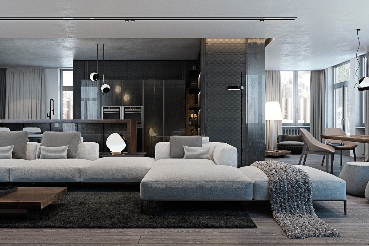 thiết kế nội thất màu xám cho phòng khách hiện đại kết hợp truyền thống