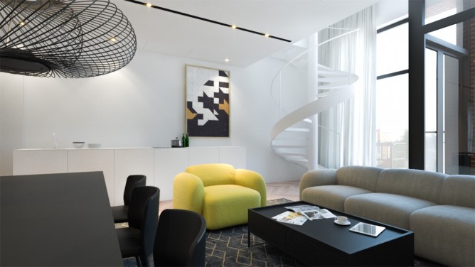thiết kế nội thất phòng khách sang trọng, hiện đại với màu vàng