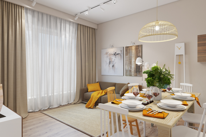 thiết kế nội thất phòng khách sang trọng, hiện đại với màu vàng