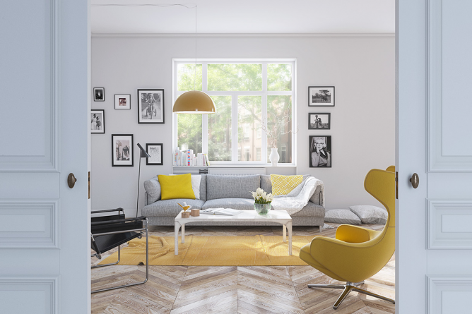 wedo thiết kế nội thất phòng khách hiện đại, sang trọng với màu vàng