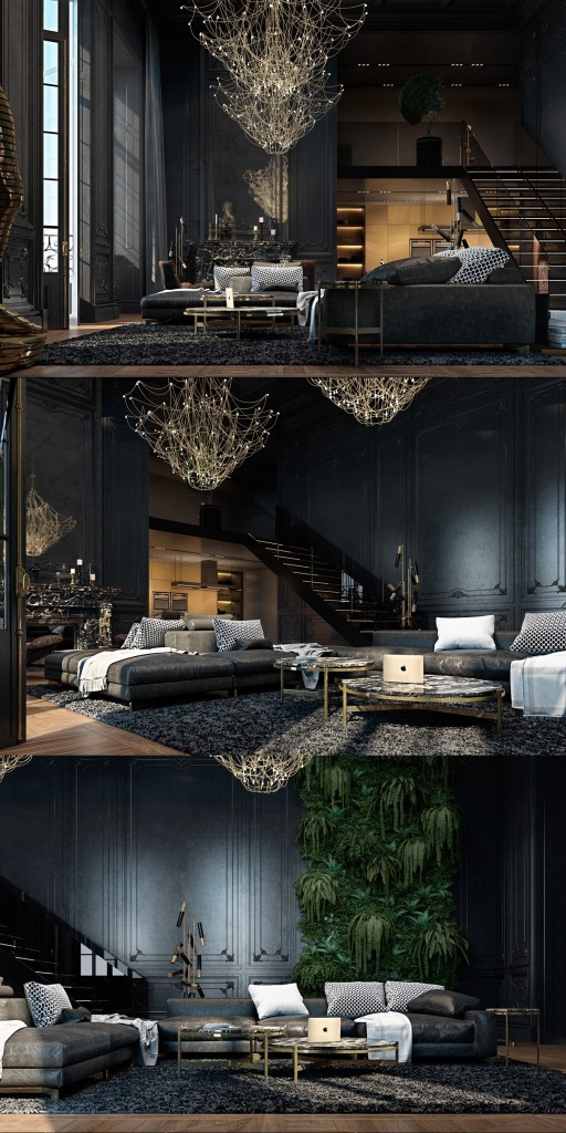 thiết kế nội thất phòng khách sang trọng với gam màu đen