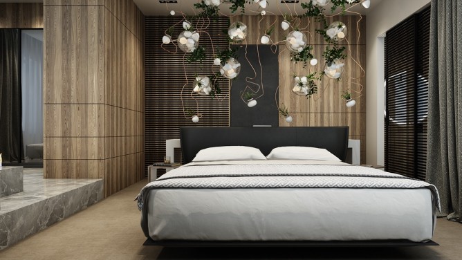 thiết kế nội thất phòng ngủ đẹp và sang trọng, ấm áp với tường gỗ