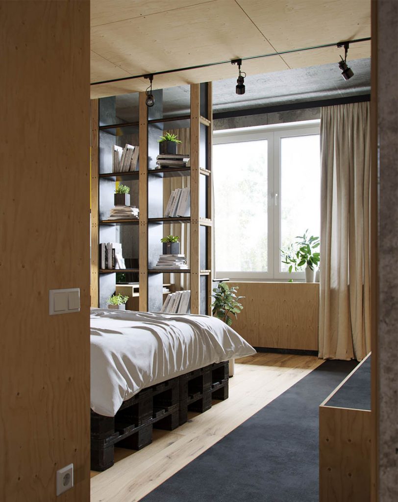 mẫu thiết kế nội thất nhà đẹp với tường bê tông và gỗ.