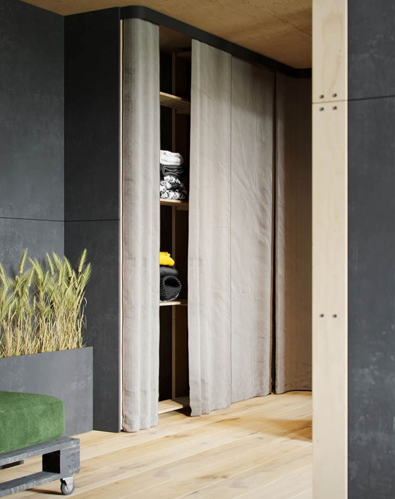 mẫu thiết kế nội thất nhà đẹp với tường bê tông và gỗ.