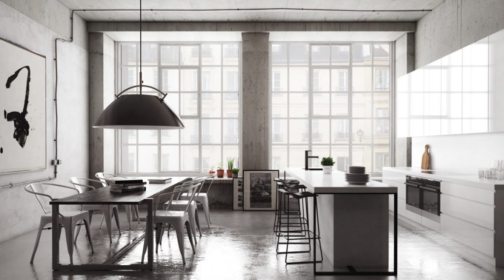 mẫu thiết kế phòng ăn nhà bếp phong cách công nghiệp đẹp.