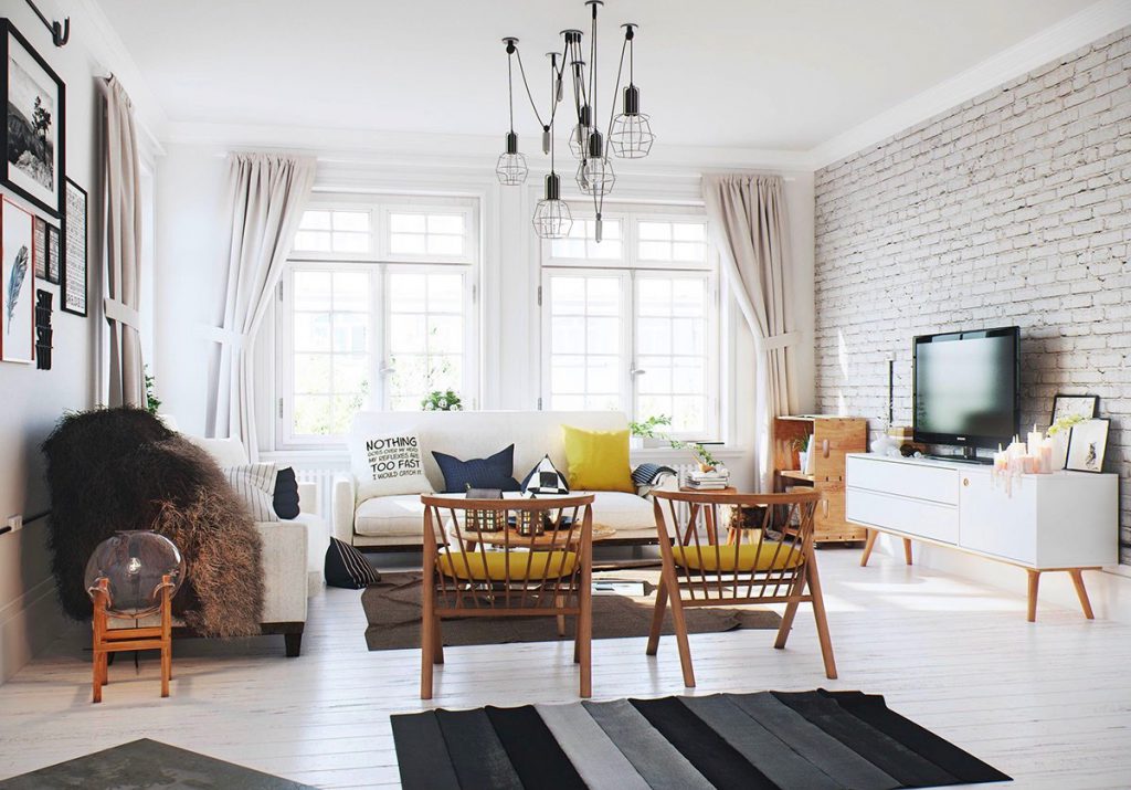 thiết kế nội thất phòng khách đẹp và sang trọng với gạch trần.