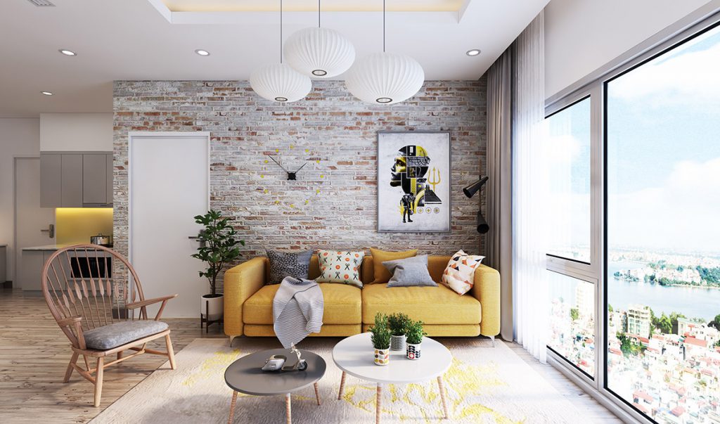 thiết kế thi công nội thất phòng khách đẹp với tường gạch trần.