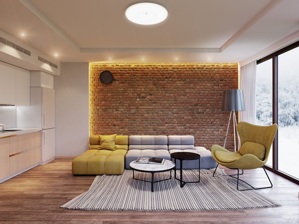 thiết kế thi công nội thất phòng khách đẹp với tường gạch trần.