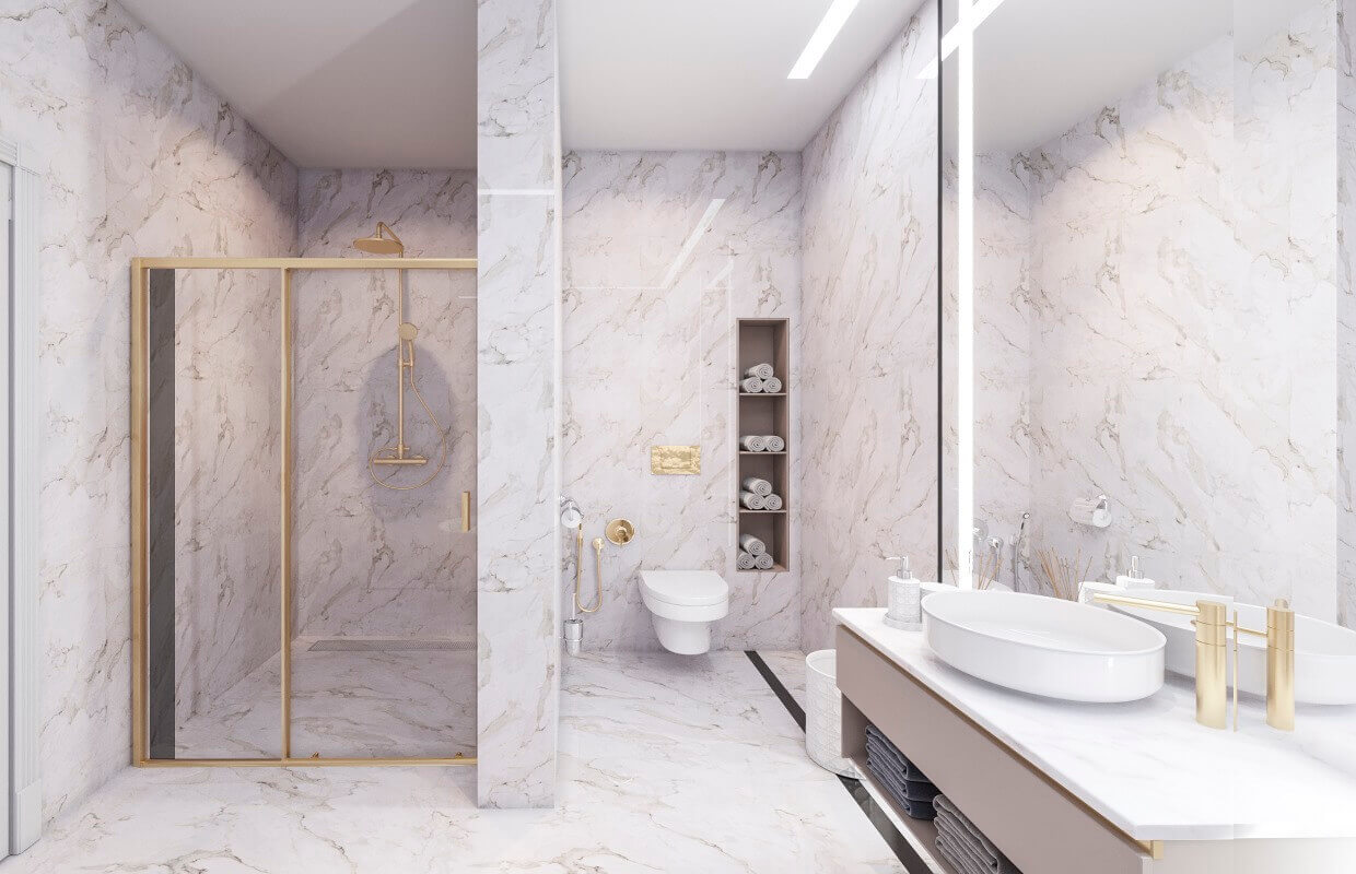 Phòng tắm đứng bằng kính sang trọng, các nội thất màu vàng quyền quý