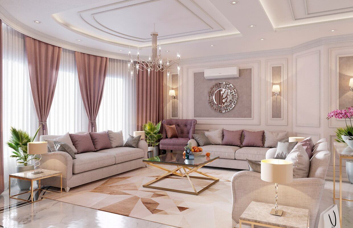 Nội thất phòng khách của thiết kế biệt thự 2 tầng chữ L với tông hồng – trắng dịu nhẹ