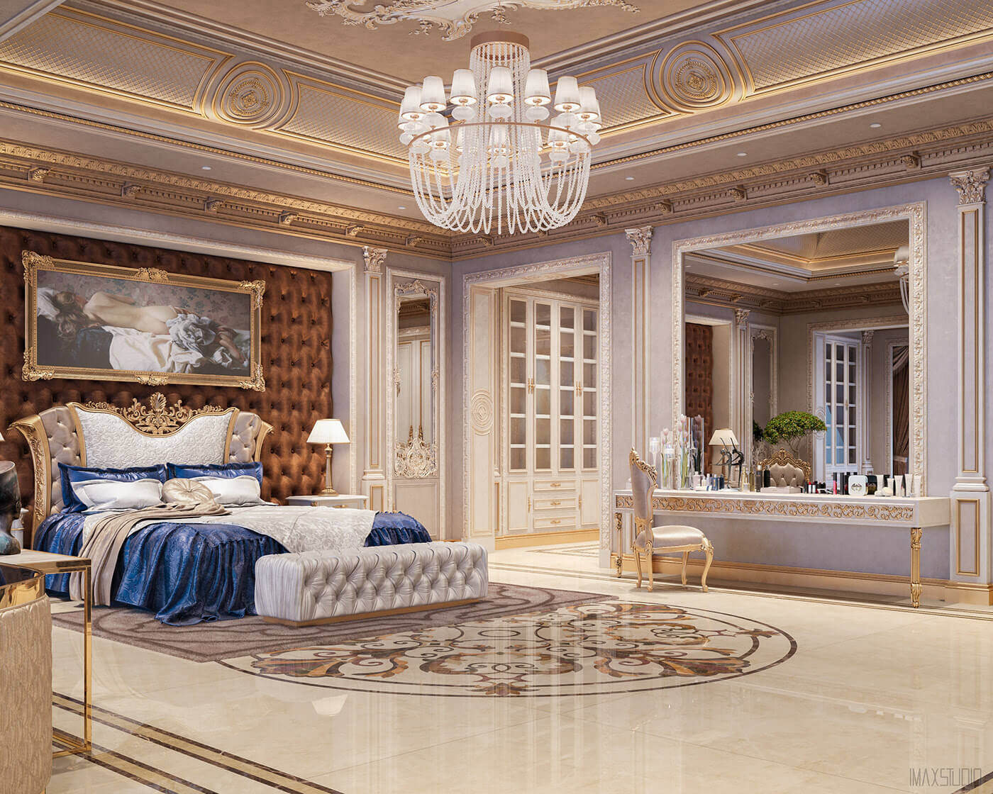 Phòng ngủ master phong cách hoàng gia trong biệt thự 1 tầng tân cổ điển