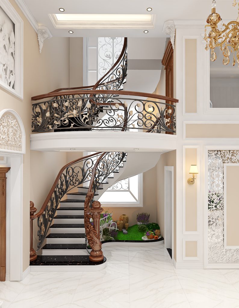Cầu thang với những đường nét uốn cong hài hòa mang lại tính thẩm mỹ cao cho toàn bộ công trình