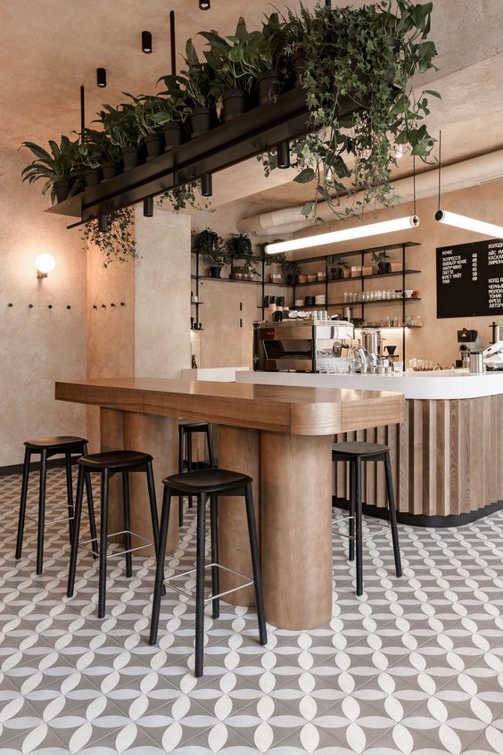 Mẫu thiết kế quán cà phê không gian nhỏ với họa tiết gạch bông