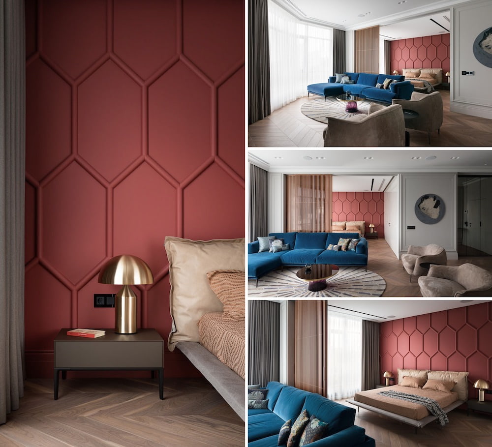 Sự kết hợp thành công giữa màu đỏ và màu xanh trong thiết kế phòng khách kết hợp với phòng ngủ