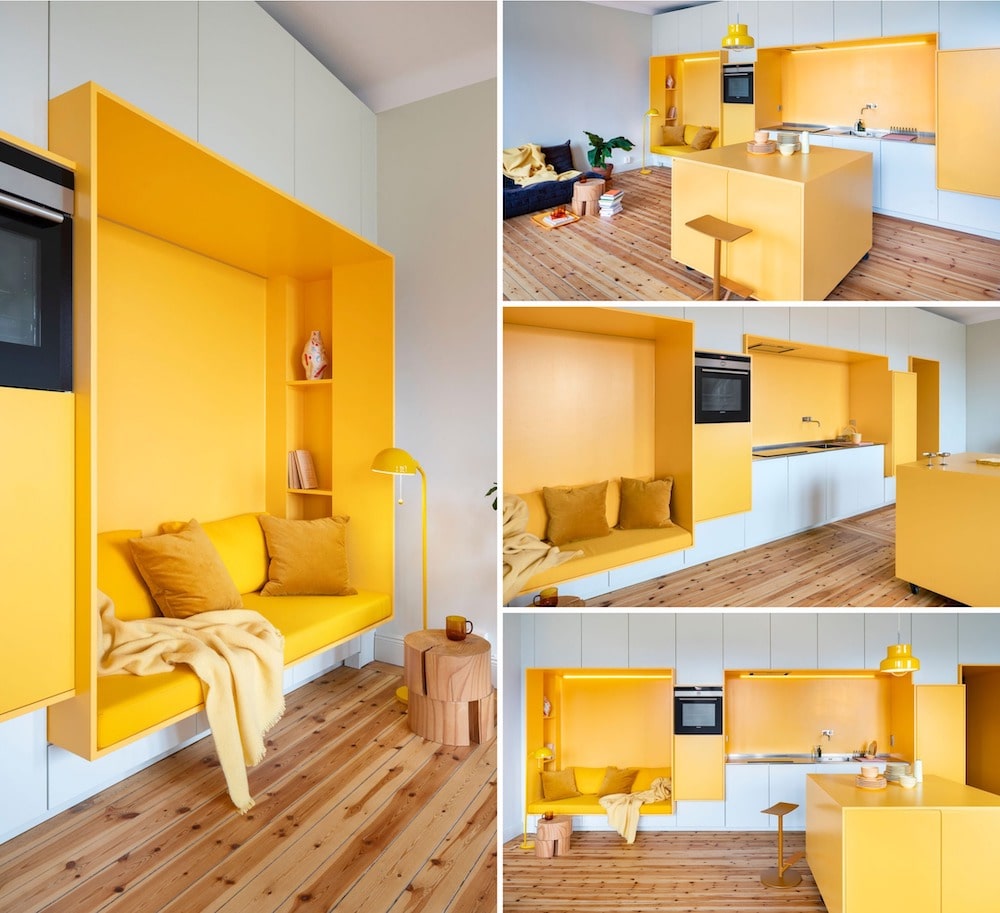 Màu vàng trong nội thất giúp tập trung sự chú ý, vì vậy nó thường được sử dụng nhiều hơn trong văn phòng, phòng khách, nhà bếp. 
Bạn cũng có thể thêm nó vào như một điểm nhấn vui mắt trong phòng trẻ em. 