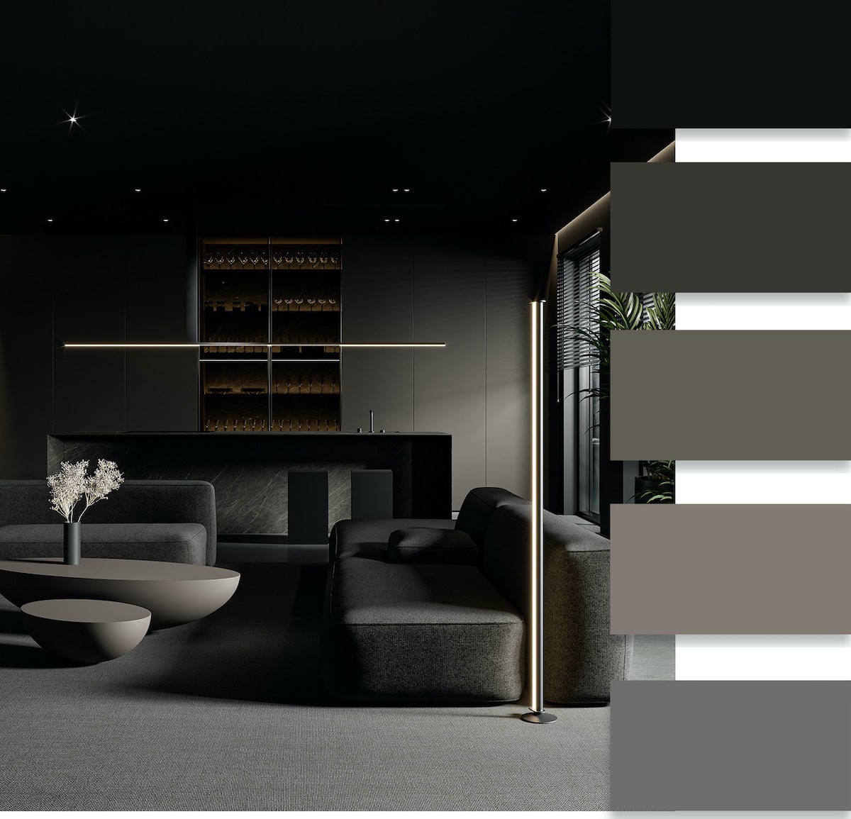 Nền đen trong nội thất có thể làm nền cho hầu hết các màu, hoặc điểm nhấn cho không gian sang trọng. 
Tuy nhiên, bạn hãy lưu ý khi sử dụng màu đen trong căn hộ có diện tích nhỏ nhé